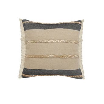 HomeRoots 20" X 20" Beige And Ivory Jute Striped Zippered Pillow With Fringe