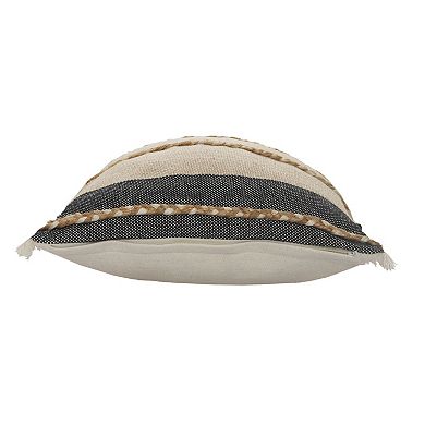 HomeRoots 20" X 20" Beige And Ivory Jute Striped Zippered Pillow With Fringe