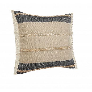 HomeRoots 20" X 20" Beige And Ivory Jute Striped Zippered Pillow With Fringe