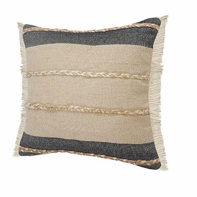 HomeRoots 20" X 20" Beige And Ivory Jute Striped Zippered Pillow With Fringe