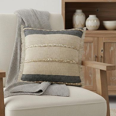 HomeRoots 20" X 20" Beige And Ivory Jute Striped Zippered Pillow With Fringe