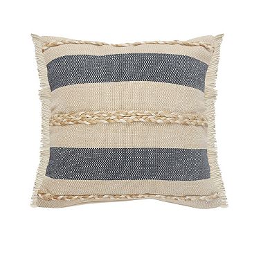 HomeRoots 20" X 20" Denim Blue Tan And Taupe Jute Coastal Zippered Pillow