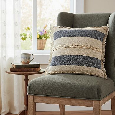 HomeRoots 20" X 20" Denim Blue Tan And Taupe Jute Coastal Zippered Pillow
