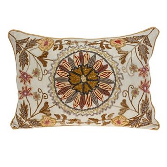 HomeRoots 14" X 20" Beige Cotton Throw Pillow With Embroidery