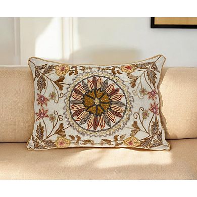 HomeRoots 14" X 20" Beige Cotton Throw Pillow With Embroidery