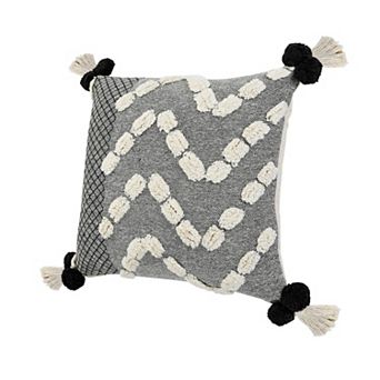 HomeRoots 20" Black Gray And Cream Cotton Geometric Throw Pillow with Pompoms