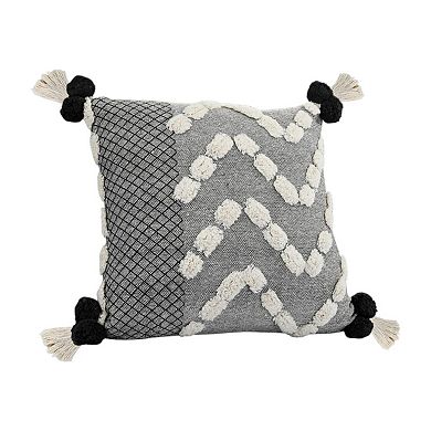 HomeRoots 20" Black Gray And Cream Cotton Geometric Throw Pillow with Pompoms