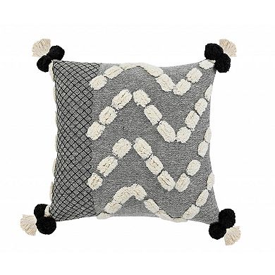 HomeRoots 20" Black Gray And Cream Cotton Geometric Throw Pillow with Pompoms