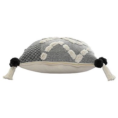 HomeRoots 20" Black Gray And Cream Cotton Geometric Throw Pillow with Pompoms