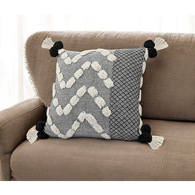 HomeRoots 20" Black Gray And Cream Cotton Geometric Throw Pillow with Pompoms