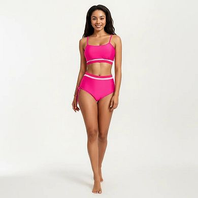 Women's Two Piece Bikini Set with Scoop Neck Top High Waist Bottom and Contrast Trim
