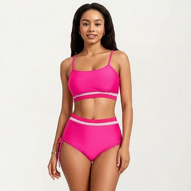 Women's Two Piece Bikini Set with Scoop Neck Top High Waist Bottom and Contrast Trim