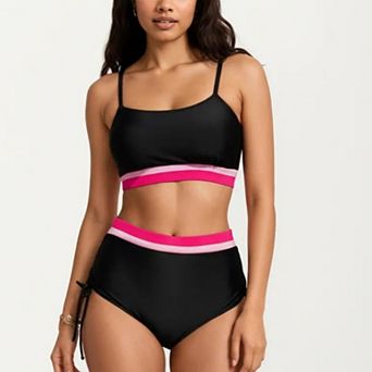 Women's Two Piece Bikini Set with Scoop Neck Top High Waist Bottom and Contrast Trim