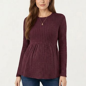 Women's Maternity Long Sleeve Ribbed Knit Top with Crew Neck and Empire Waist