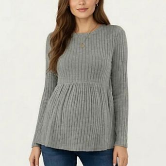 Women's Maternity Long Sleeve Ribbed Knit Top with Crew Neck and Empire Waist