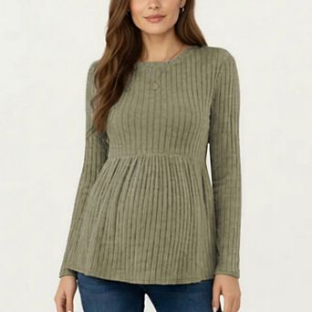 Women's Maternity Long Sleeve Ribbed Knit Top with Crew Neck and Empire Waist