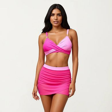 Women's 2-Piece Swim Set with Crisscross Bralette Top Adjustable Straps and Ruched Skirted Bottom