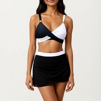 Women's 2 pc Swim Set with Crisscross Bralette Top Adjustable Straps and Ruched Skirted Bottom