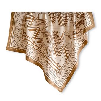 Womens Satin Square Scarf with Graphic Border Print Lightweight Smooth Finish