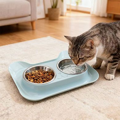 Stainless Steel Double Cat Bowl with Non-Slip Base for Food and Water