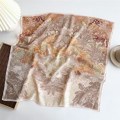 Womens Lightweight Square Satin Scarf with Botanical Inspired Print Soft Draped Finish