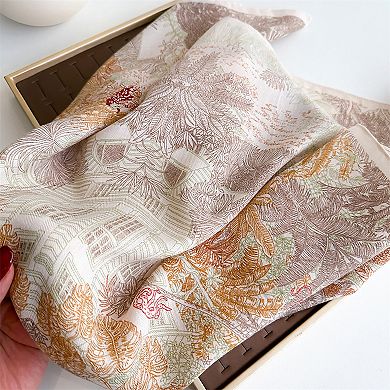 Womens Lightweight Square Satin Scarf with Botanical Inspired Print Soft Draped Finish