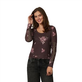 Women's Flint & Moss Floral Pointelle Rib Scoop Neck Top