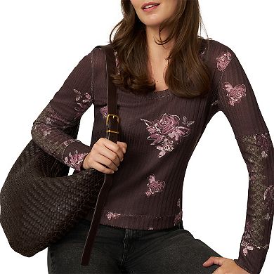 Women's Flint & Moss Floral Pointelle Rib Scoop Neck Top