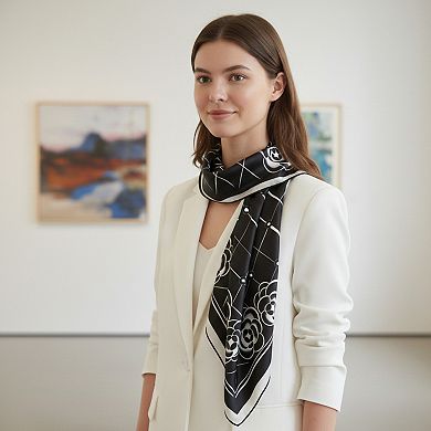 Oversized Square Scarf Geometric Line Floral Border Lightweight Versatile Fashion Accessory