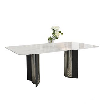 Modern Sintered Stone White Dining Table for 4-6 with Stainless Steel & Wood Legs