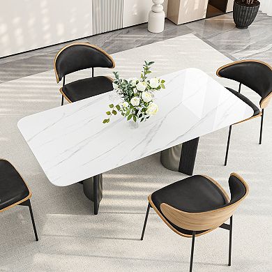 Modern Sintered Stone White Dining Table for 4-6 with Stainless Steel & Wood Legs