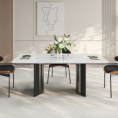 Modern Sintered Stone White Dining Table for 4-6 with Stainless Steel & Wood Legs