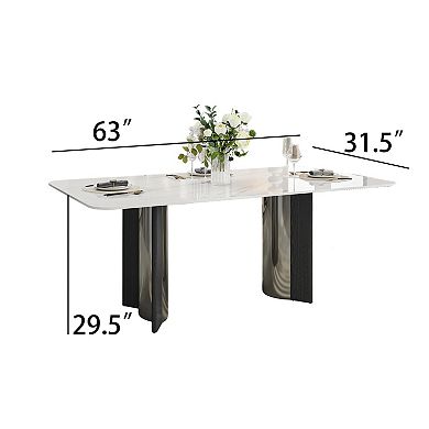 Modern Sintered Stone White Dining Table for 4-6 with Stainless Steel & Wood Legs