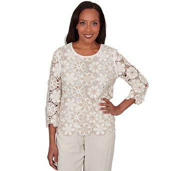 Petite Alfred Dunner Floral Crochet Three-Quarter Sleeve Top