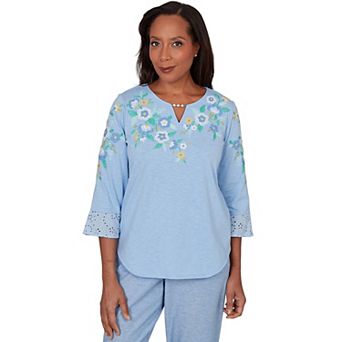 Petite Alfred Dunner Floral Embroidered Split Neck Top