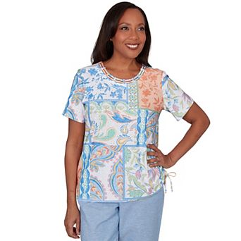Petite Alfred Dunner Patchwork Scroll Side Tie Ruched T-Shirt