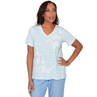 Petite Alfred Dunner Highlight Flower Striped V-Neck T-Shirt