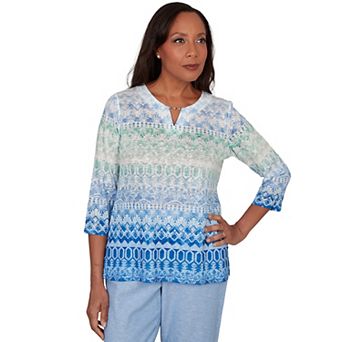 Petite Alfred Dunner Ombre Biadere Split Neck Top