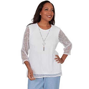 Petite Alfred Dunner Popcorn Mesh Solid Top with Necklace