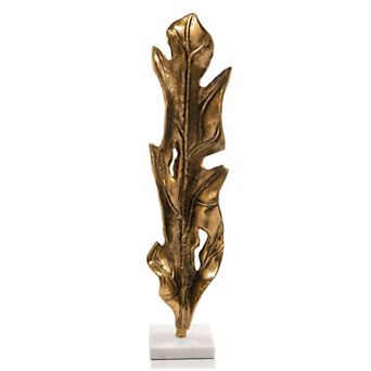 HomeRoots 26" Antiqued Gold And White Aluminum And Marble Leaf Tabletop Sculpture