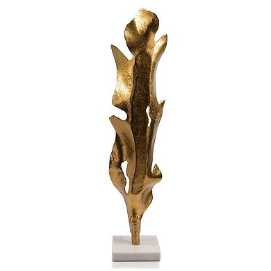HomeRoots 26" Antiqued Gold And White Aluminum And Marble Leaf Tabletop Sculpture