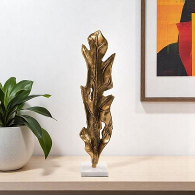 HomeRoots 26" Antiqued Gold And White Aluminum And Marble Leaf Tabletop Sculpture