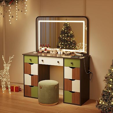Wood LED Vanity Desk with Power, 7 Drawers & Mirror