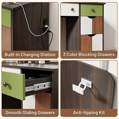 Wood LED Vanity Desk with Power, 7 Drawers & Mirror