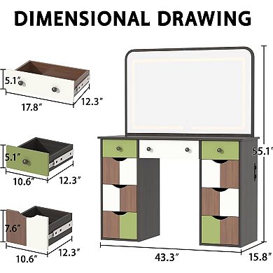 Wood LED Vanity Desk with Power, 7 Drawers & Mirror