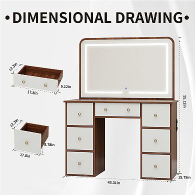 Wood LED Vanity Desk with Power, 7 Drawers & Mirror, White