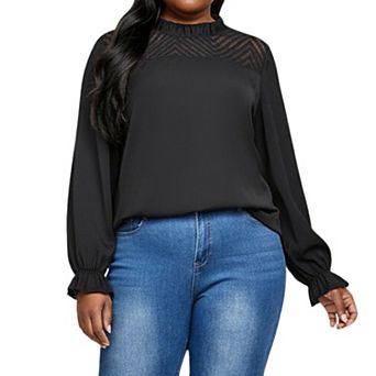 Women's Plus Size Long Sleeve High Neck Pullover Blouse with Textured Sheer Yoke and Gathered Cuffs
