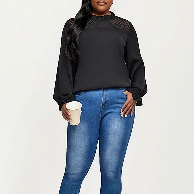 Women's Plus Size Long Sleeve High Neck Pullover Blouse with Textured Sheer Yoke and Gathered Cuffs