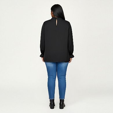 Women's Plus Size Long Sleeve High Neck Pullover Blouse with Textured Sheer Yoke and Gathered Cuffs