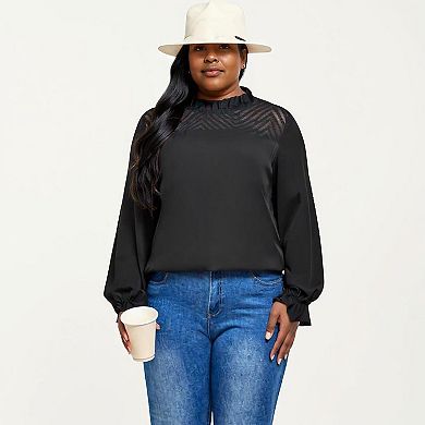 Women's Plus Size Long Sleeve High Neck Pullover Blouse with Textured Sheer Yoke and Gathered Cuffs